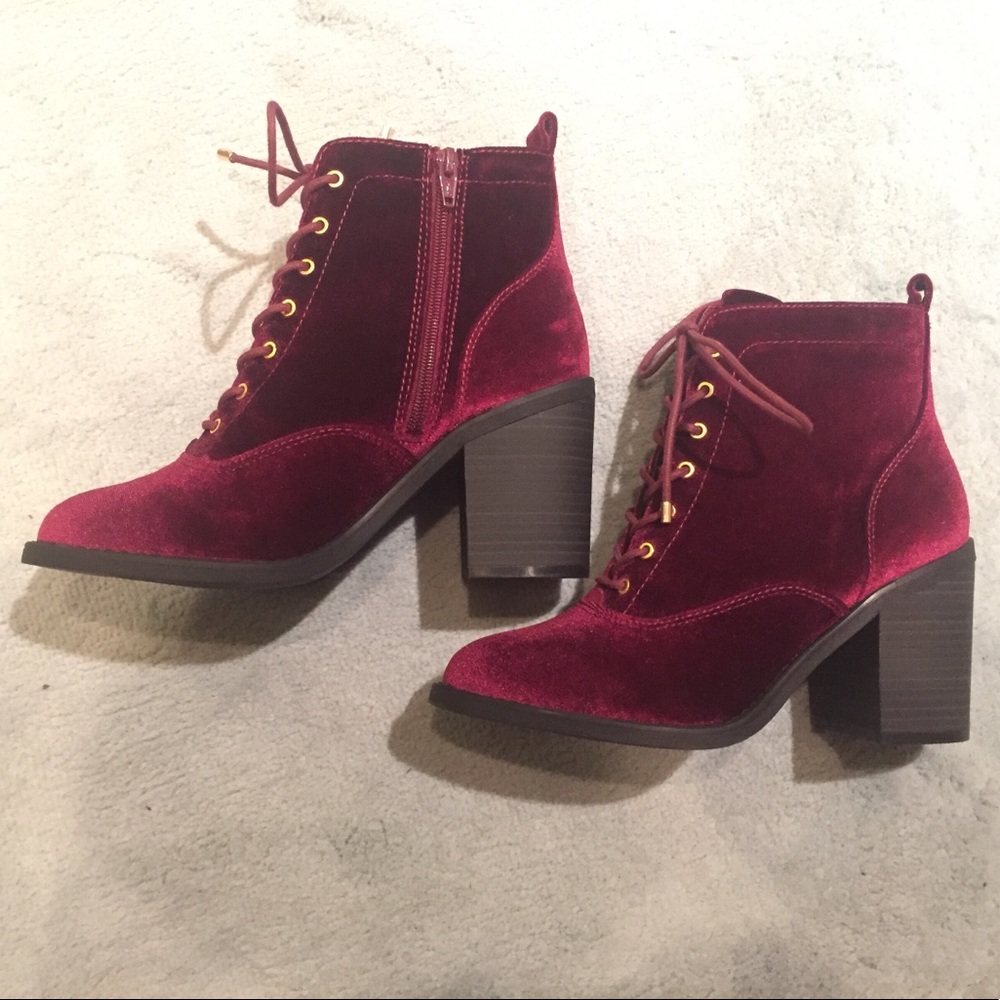 Burgundy velvet ankle boots